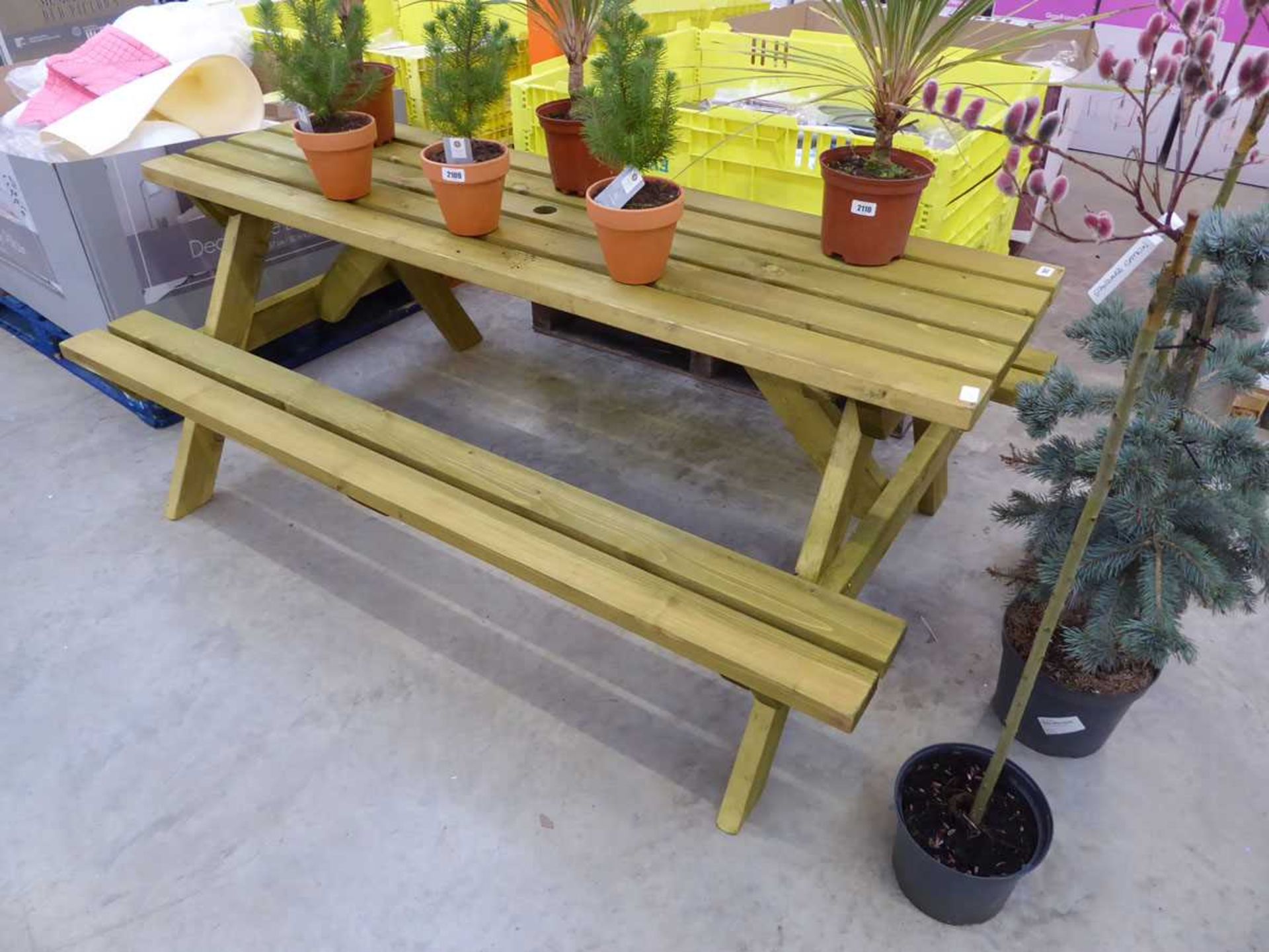 Wooden slatted picnic bench