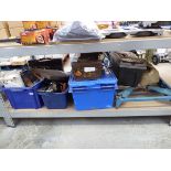 Bay containing 3 boxes of mixed tools incl. electric power tools, manual mitre saw, work mate,