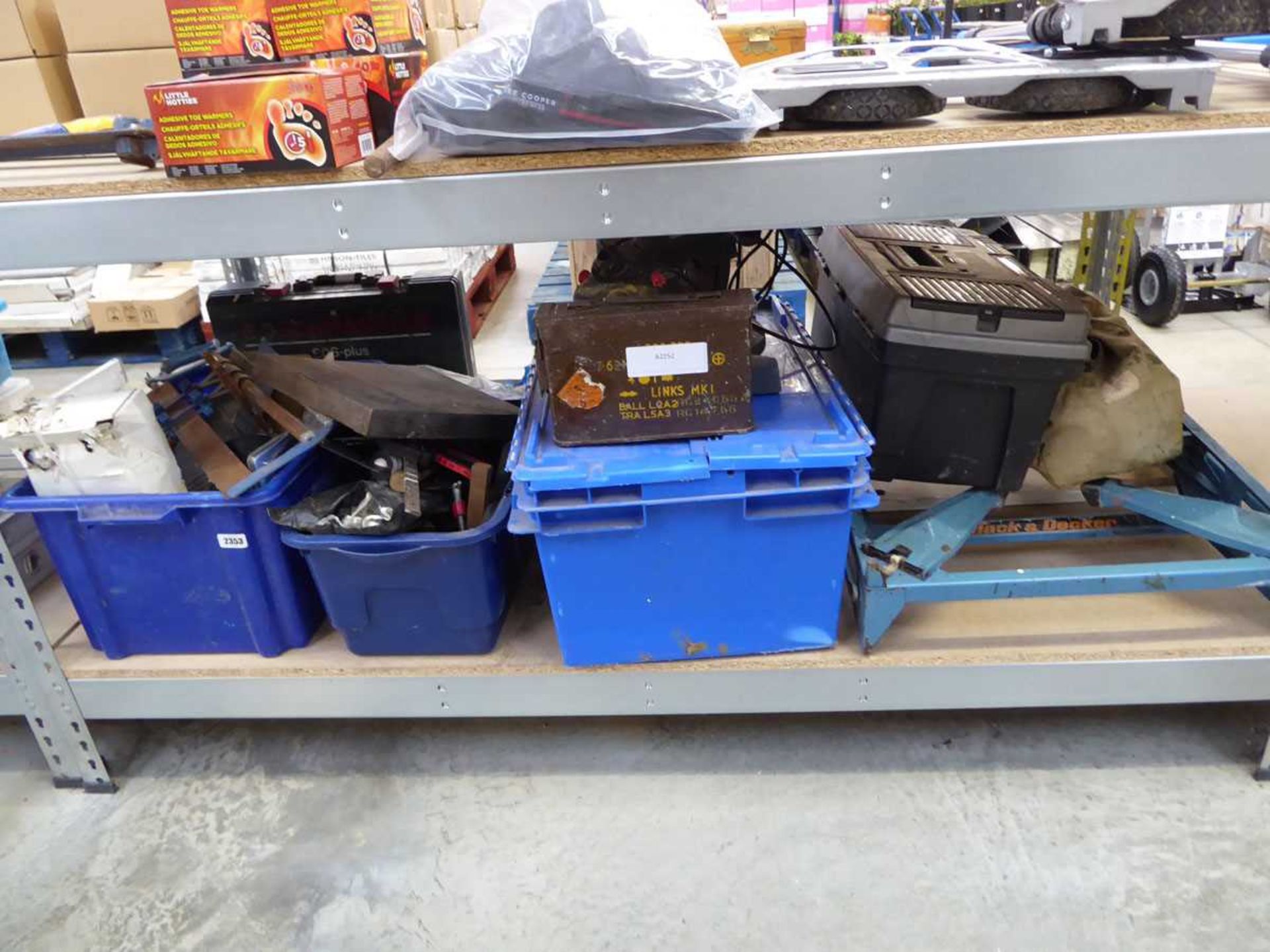 Bay containing 3 boxes of mixed tools incl. electric power tools, manual mitre saw, work mate,