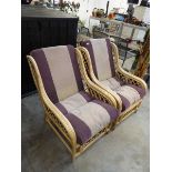 Pair of bamboo and cane conservatory armchairs each with matching 2-tone brown striped cushions