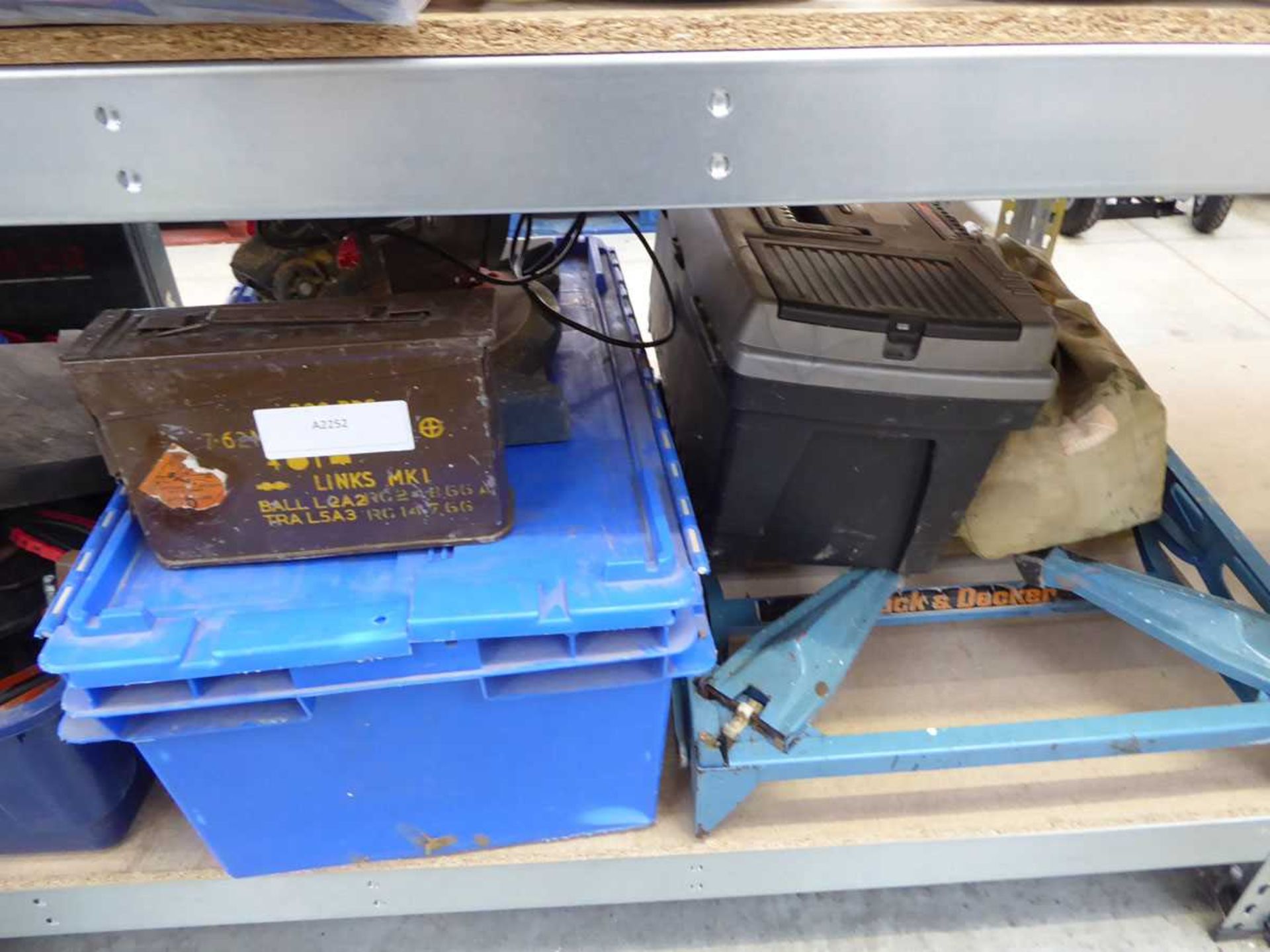 Bay containing 3 boxes of mixed tools incl. electric power tools, manual mitre saw, work mate, - Image 3 of 3