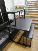 Modern black ash finish picnic type dining suite comprising table on black metal frame and 2