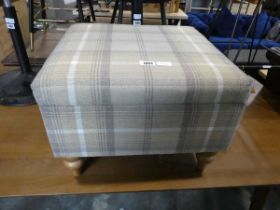 Modern tartan upholstered foot stool with storage on turned beech supports