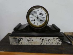 Ornate slate cased mantle clock with key Broken front plate - see photos