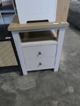 Light grey nightstand with oak effect surface