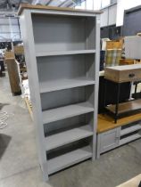 Modern grey open fronted bookcase with light oak top