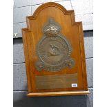 Dark oak mounted metal Royal Airforce 43 Group Headquarters plaque presented to HQ by Air Marshal