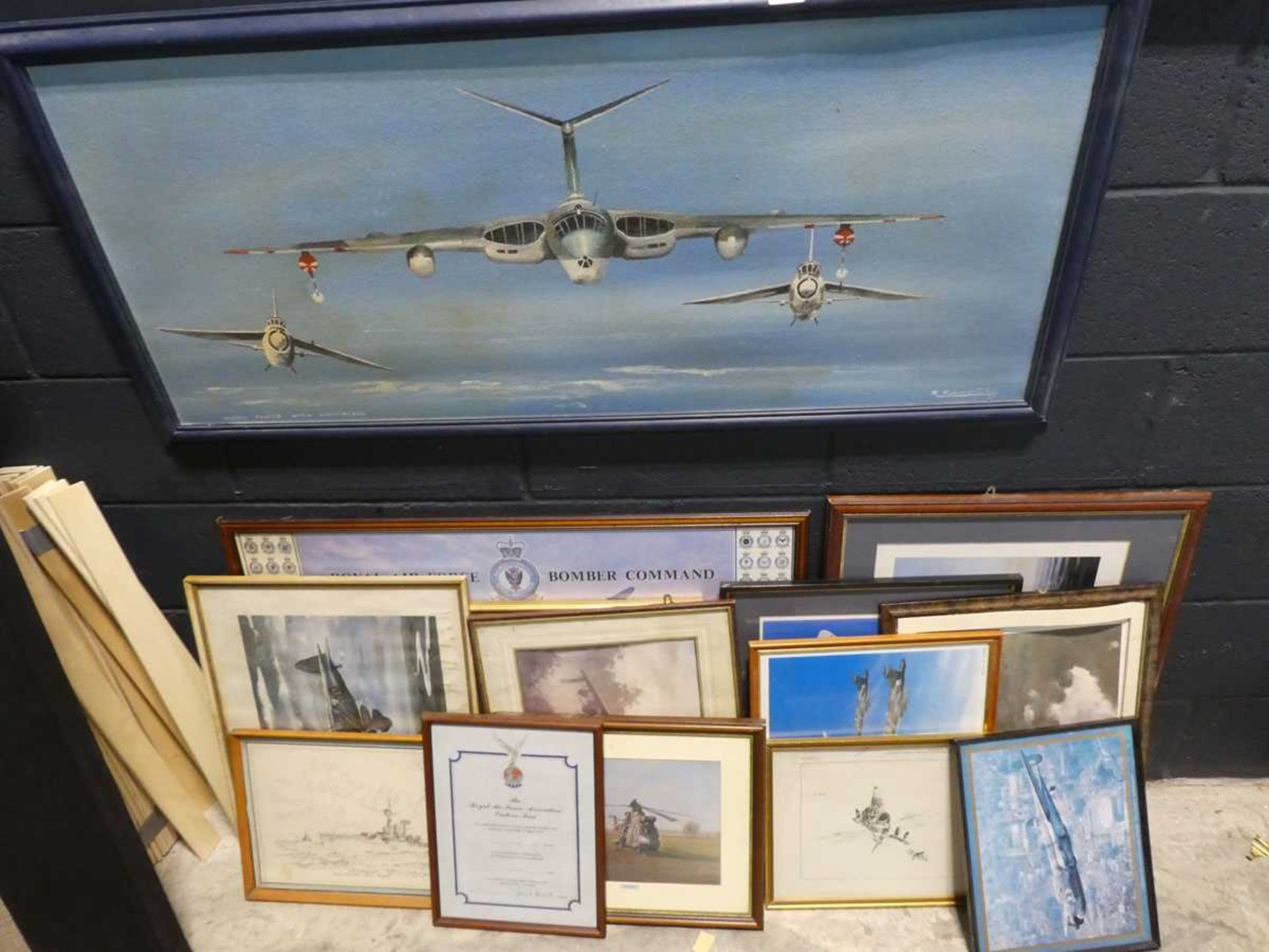Large blue framed canvas of 'Victor Tanker with Lightnings' signed R Kempster '77, together with