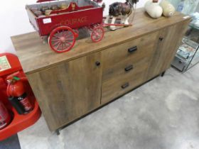 Modern wooden hard wood effect side board with 3 central drawers and 2 cupboards