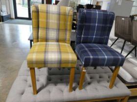 2 tartan upholstered wing back style dining chairs on tapered beech legs; 1 blue and 1 yellow