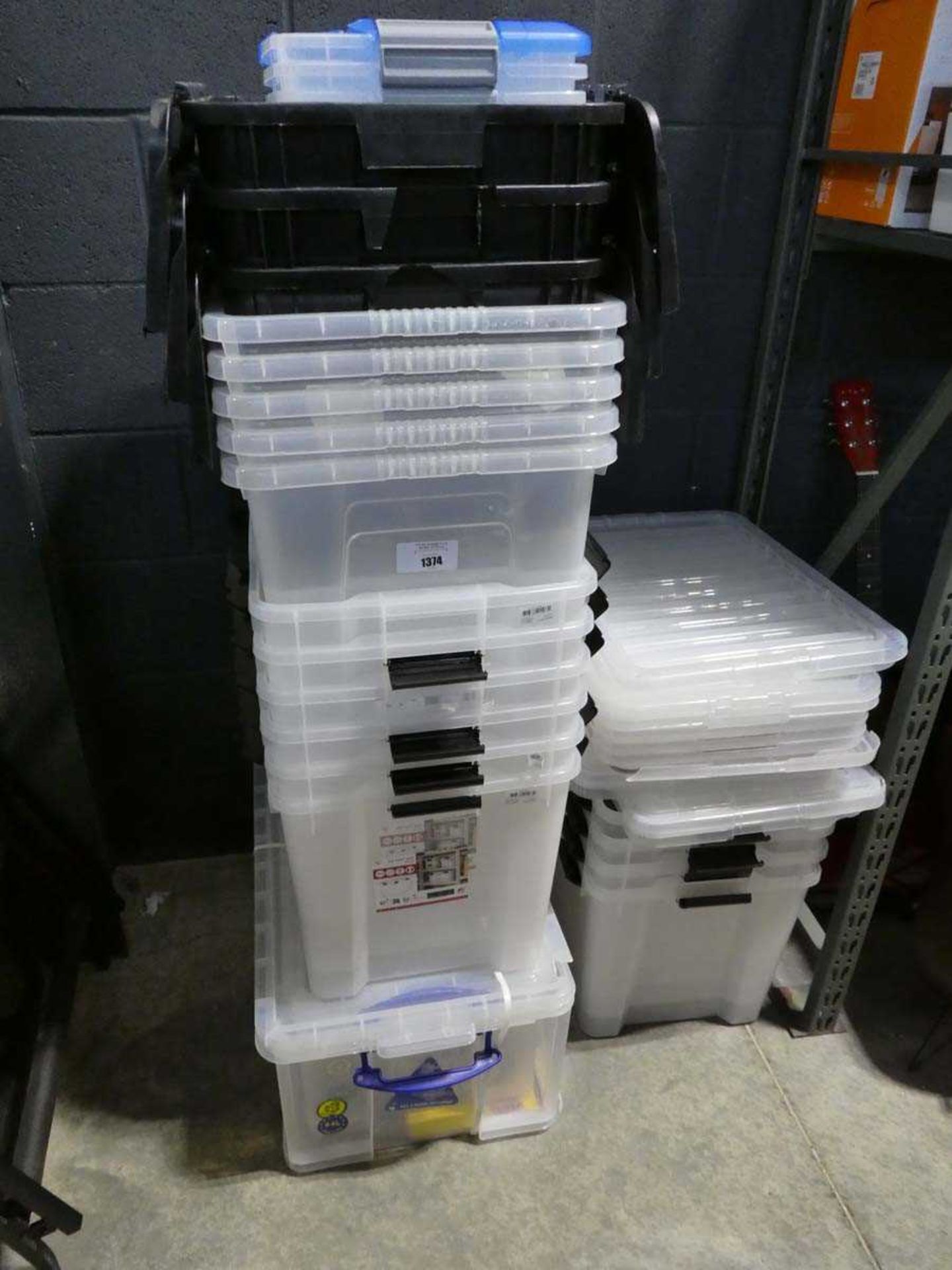 +VAT Large qty of clear plastic storage boxes - some with lids