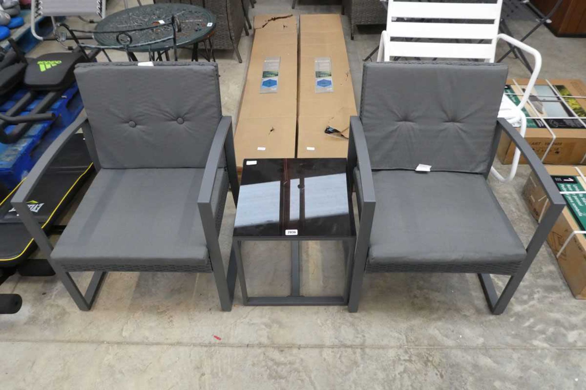 Grey aluminium framed 3 piece bistro set comprising 2 garden armchairs, each with matching light