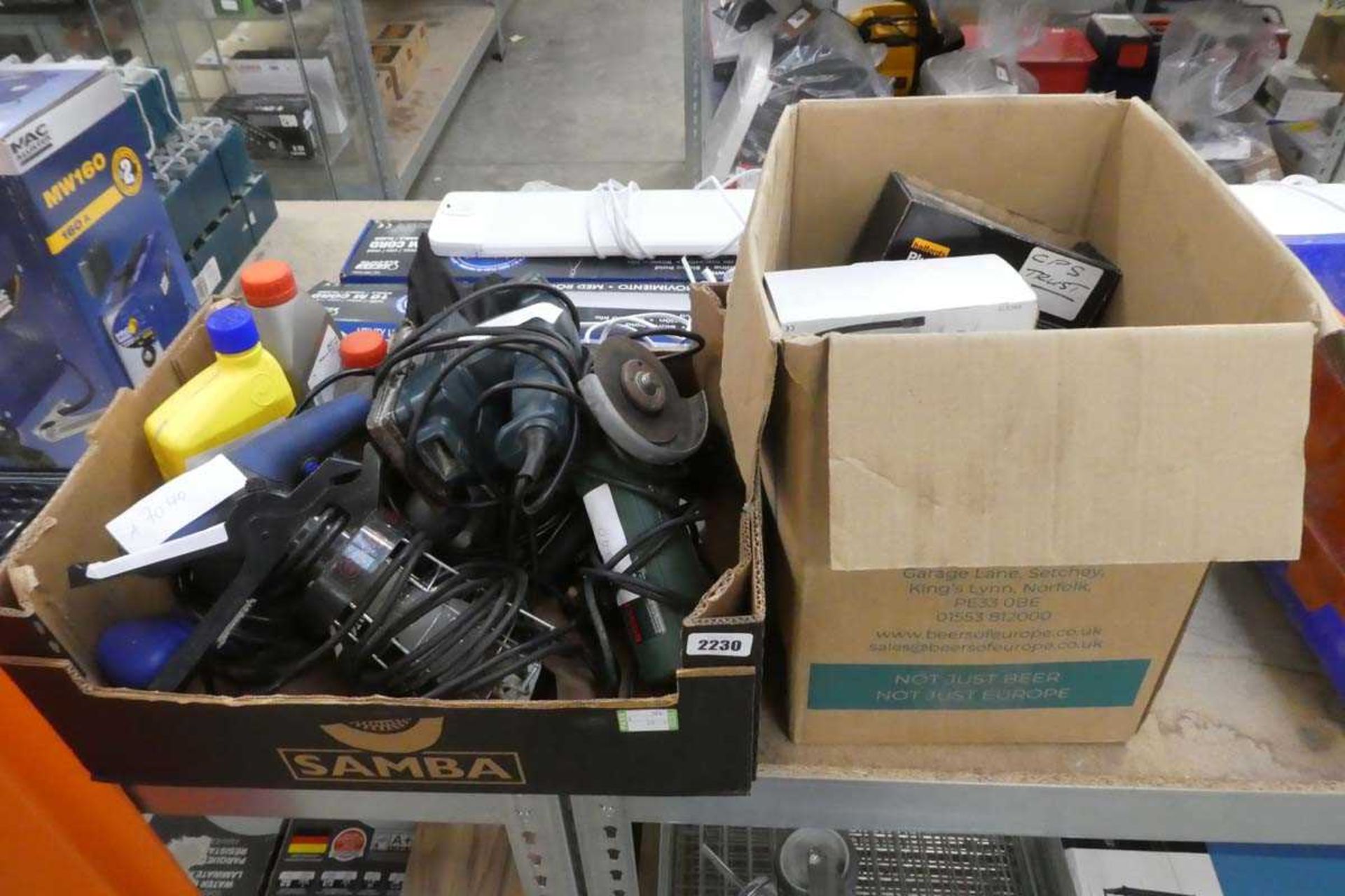 2 boxes containing qty of mixed items to include 240v power tools: sander, angle grinder, drill,