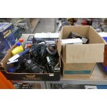 2 boxes containing qty of mixed items to include 240v power tools: sander, angle grinder, drill,