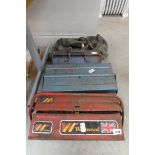 3 metal toolboxes and bag containing mixed tooling