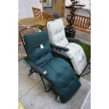 Pair of garden reclining sun loungers and cushions