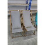 Pair of wooden and grey cloth garden sun loungers