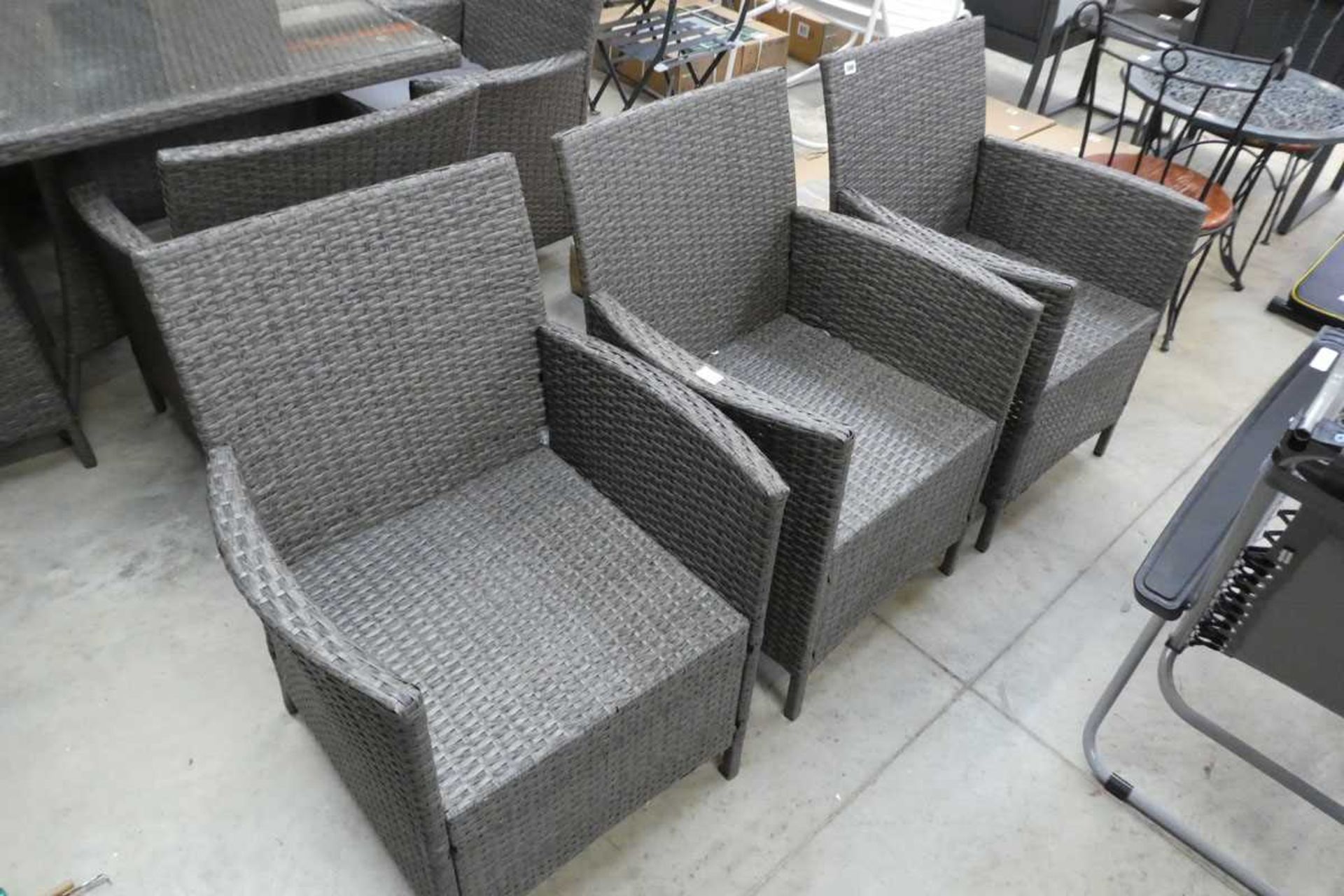3 grey rattan garden armchairs