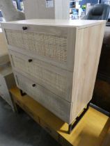 Modern light oak finish chest of 3 rattan fronted drawers