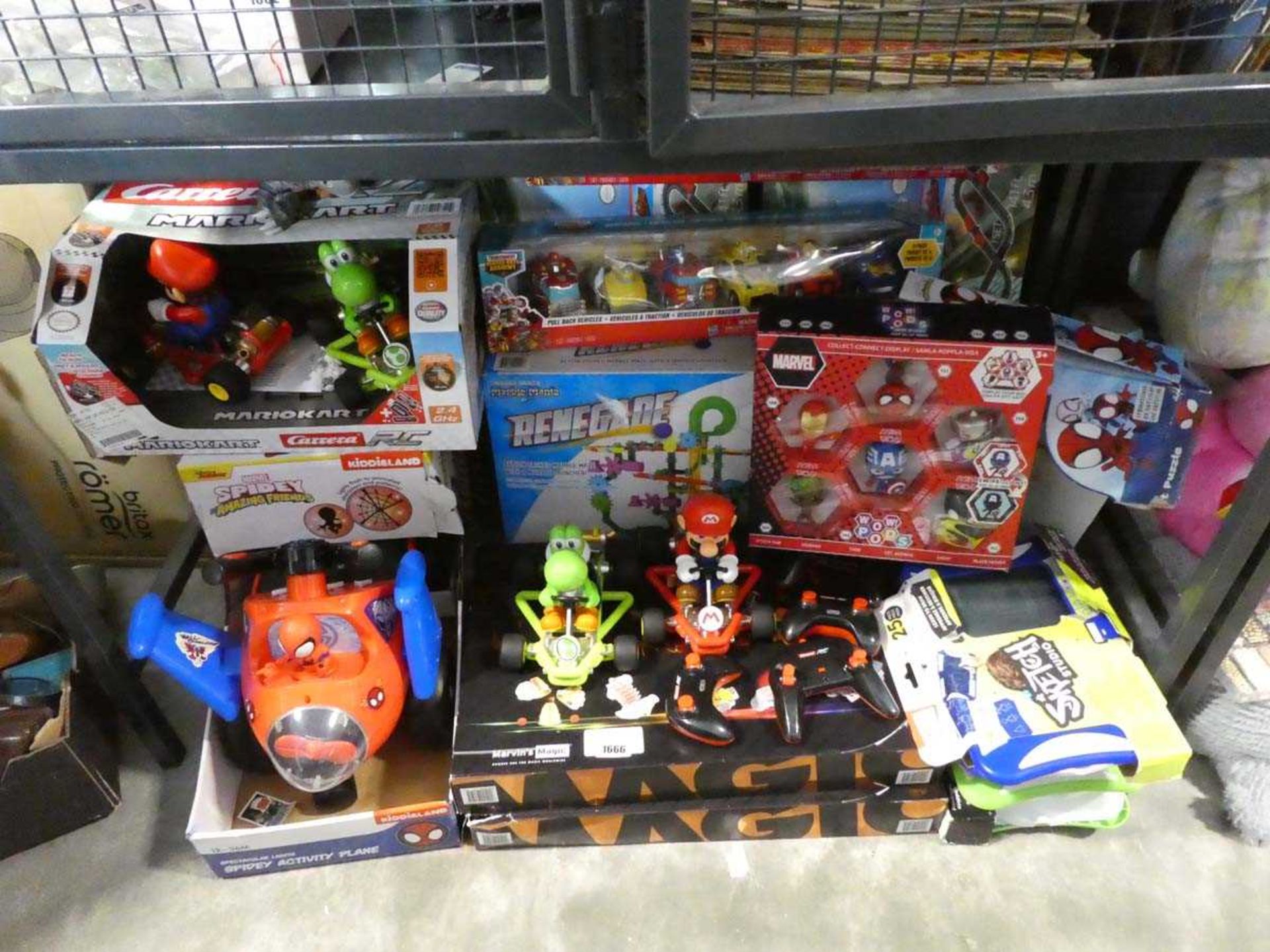 Undercage of various toys including Mario, Spiderman and Marvel