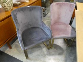 Set of 4 grey and pink upholstered dining chairs on brass finish slide frame supports