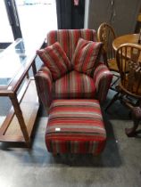 Stripped upholstered easy chair with 2 loose cushions and matching footstool