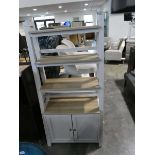 Light grey shelving unit with cupboard storage to base