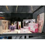 +VAT Cage containing various beauty items to include brushes, tweezers and Vera Wang princess