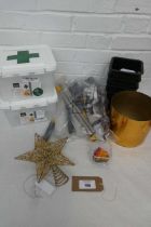 +VAT Bag of misc. items incl. gold light up star tree topper, 2 smart store first aid boxes, gold