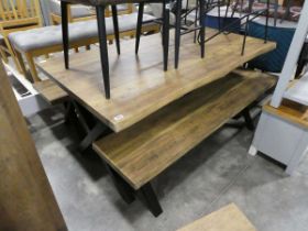 Modern hardwood finish picnic style dining suite comprising a table on criss cross base and 2