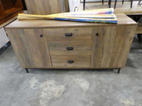 Modern hardwood effect side board with 3 central drawers and 2 cupboards