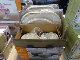 +VAT 2 packs of palm leaf platter sets together with box of loose mugs and bowls