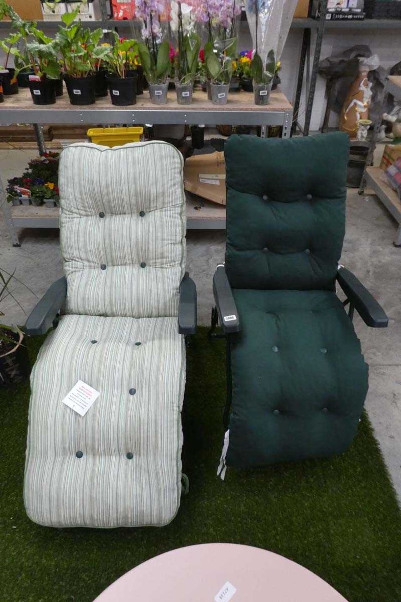 Pair of garden reclining sun loungers and cushions