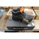 Boxed pair of Rokwear steel toe black safety boots, with tags (size UK 9)