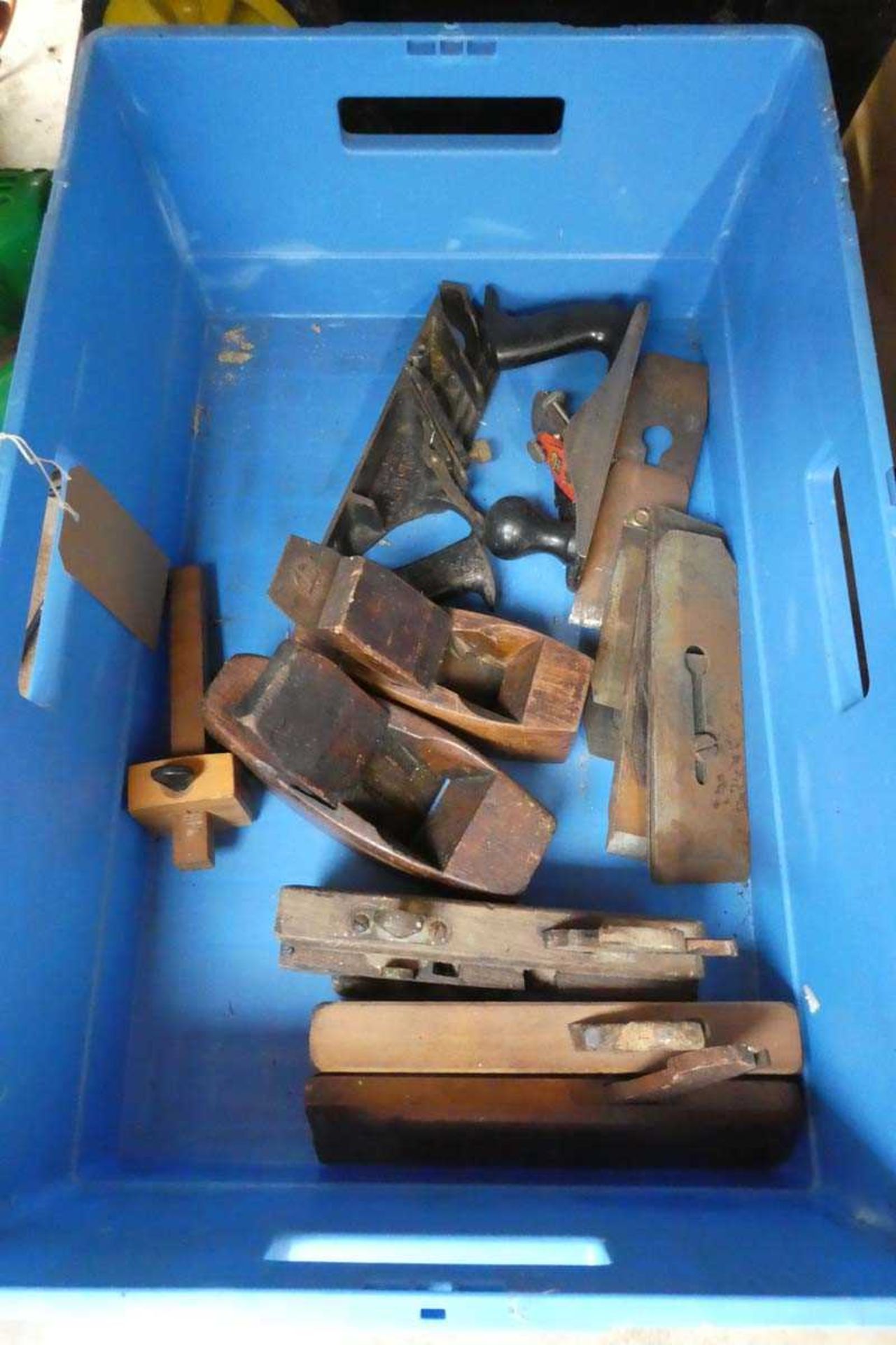Crate of vintage carpenters hand tools. hand planes etc.