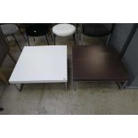 2 square wooden topped low tables on metal legs