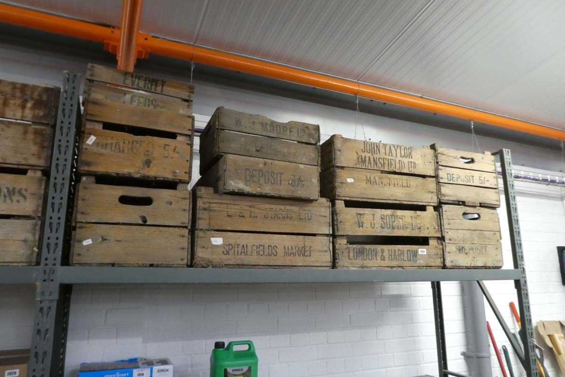 Large qty of vintage wooden fruit boxes initialised with locations such as London, Mansfield, Leeds,