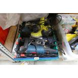 Crate of electric power tools to include Ryobi sanders, Silverline router etc.