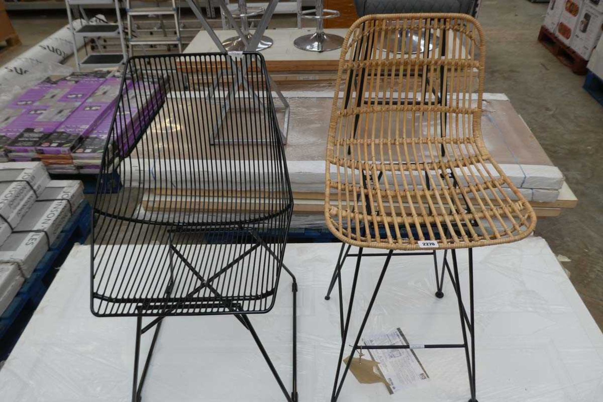 2 metal framed wire seated chairs