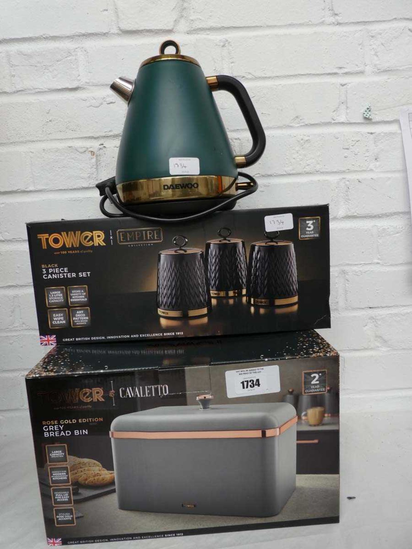 +VAT Tower rose gold edition grey bread bin, a tower 3 piece black canister set and a Daewoo green