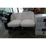 Modern pair of beige corduroy upholstered easy chairs on tapered supports