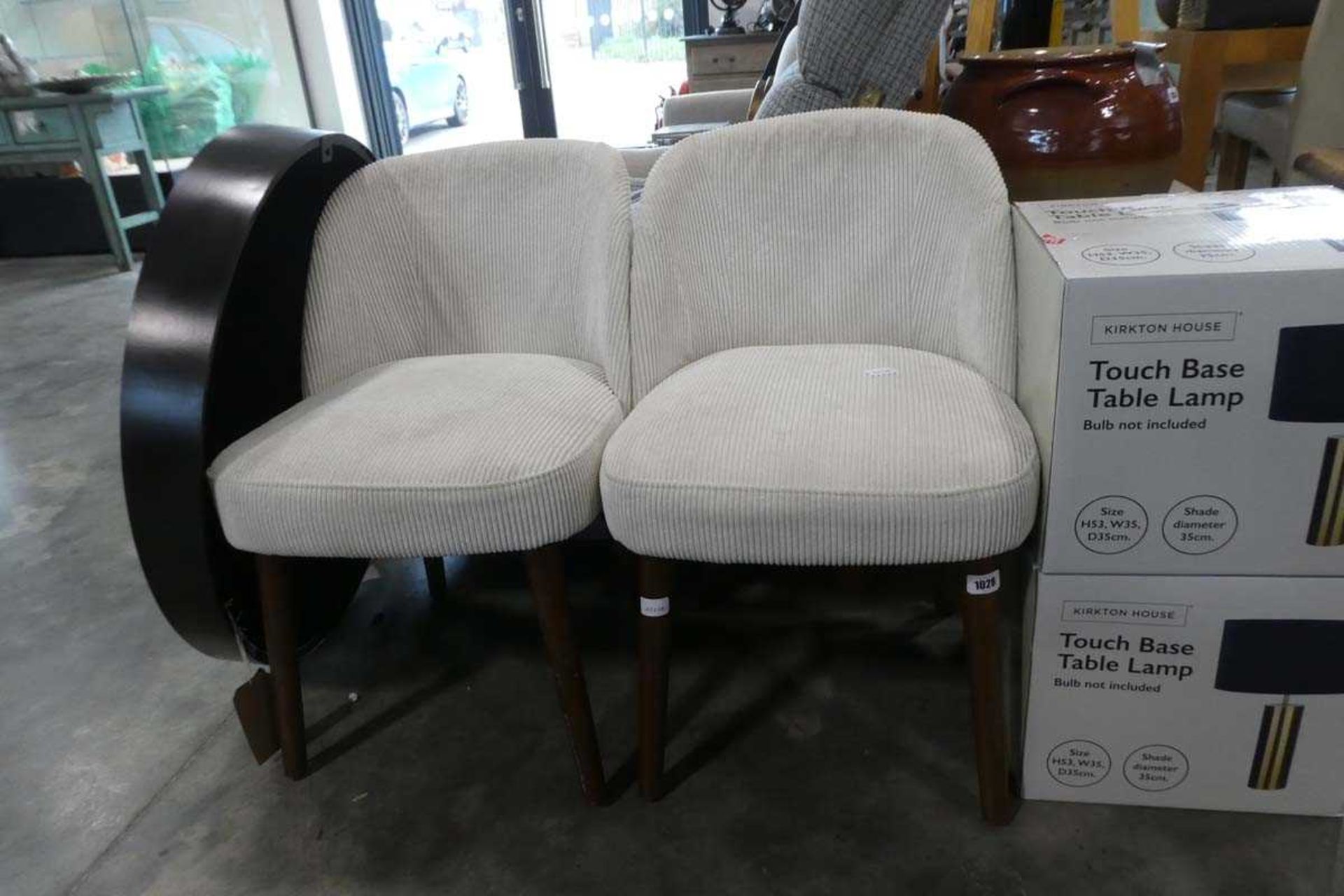 Modern pair of beige corduroy upholstered easy chairs on tapered supports - Image 2 of 2