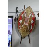 African animal hide shield and wooden spear set, tribal art