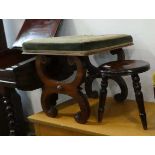 A tapestry upholstered mahogany footstool and an inlaid small circular stool