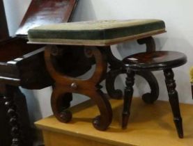 A tapestry upholstered mahogany footstool and an inlaid small circular stool