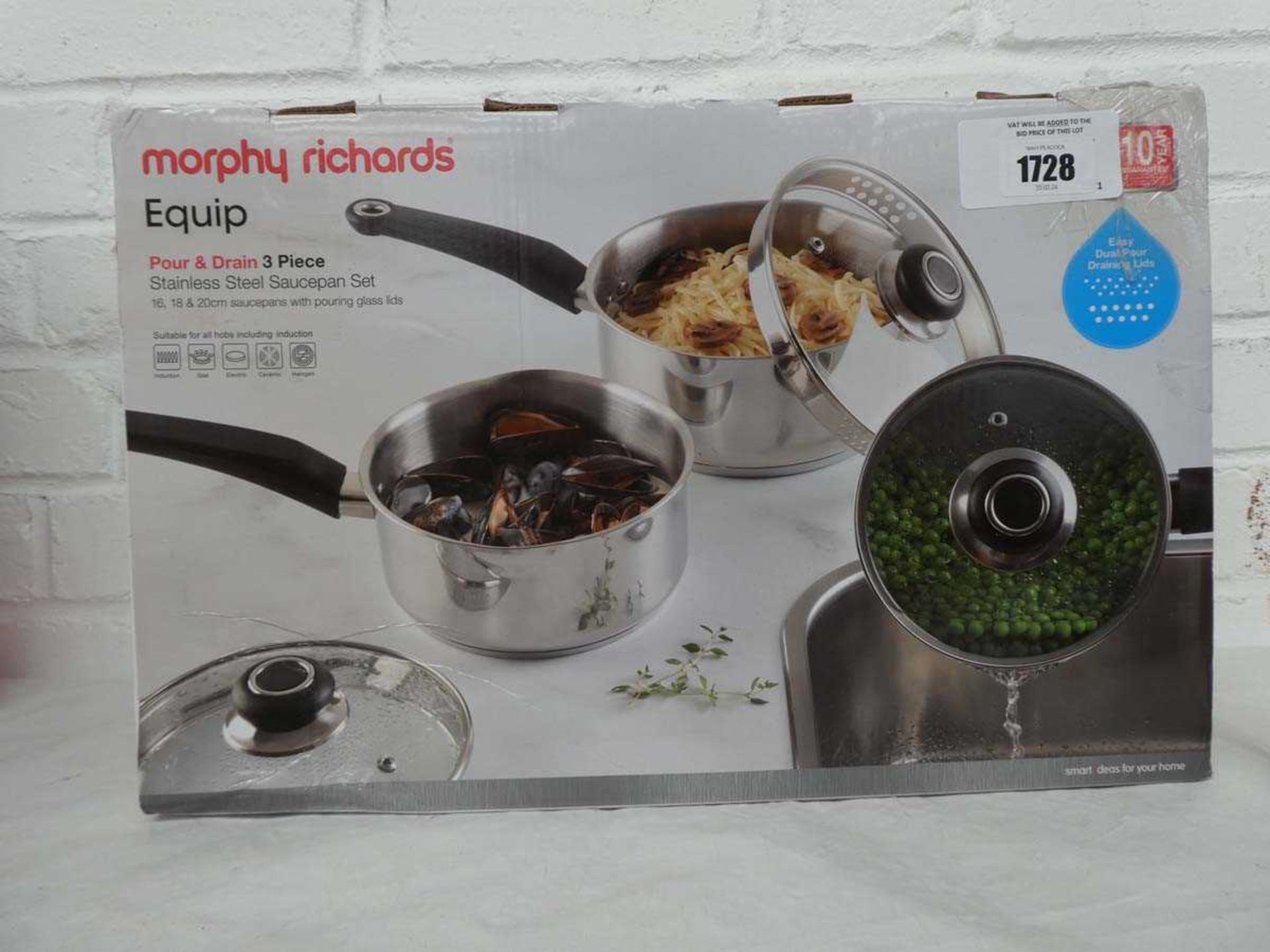 +VAT Morphy Richards equip pour and drain 3 piece stainless steel saucepan set in box