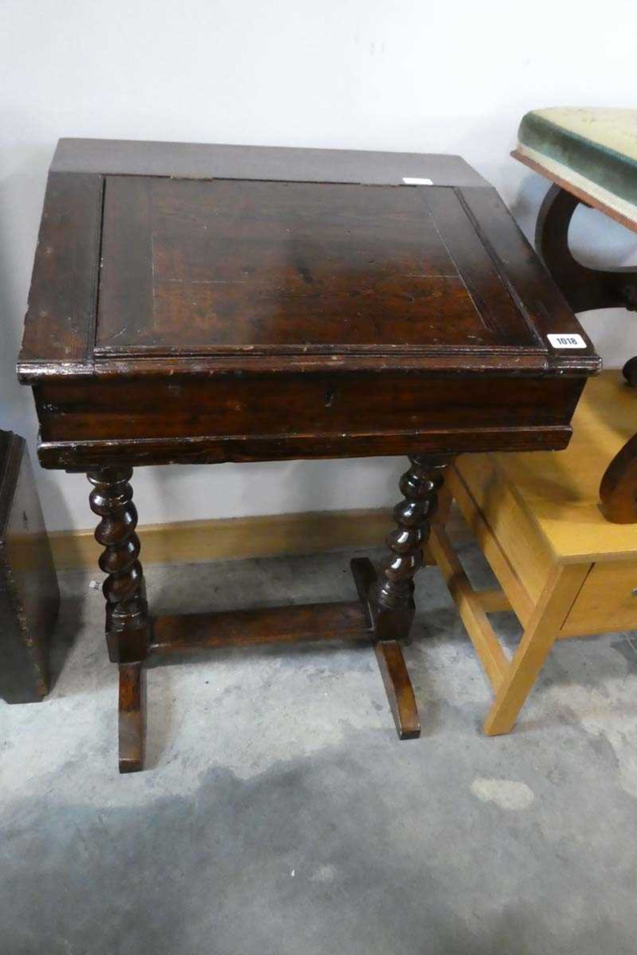 Stained pine single seater writing desk on a substantial barley support
