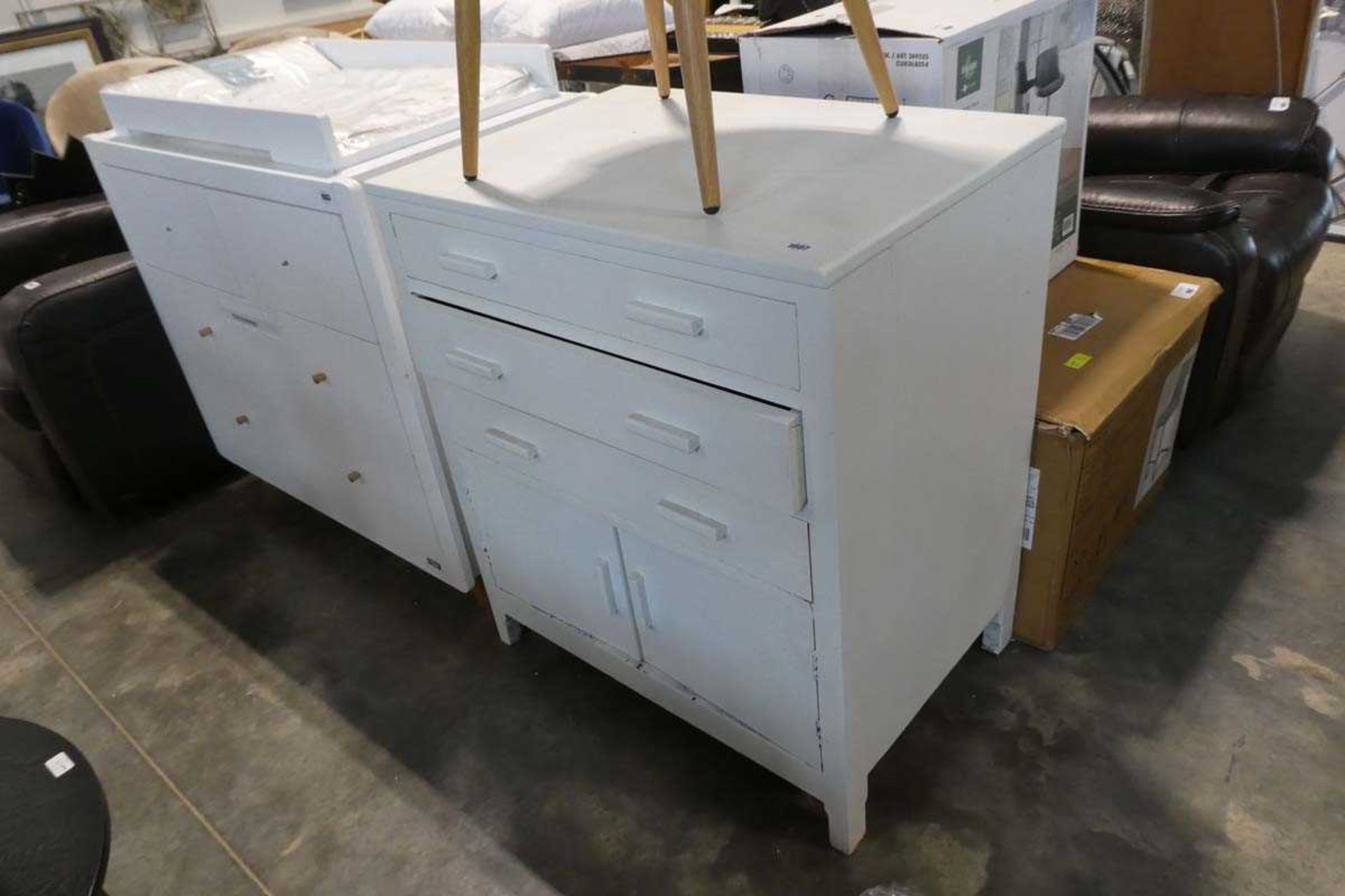White painted chest of 3 drawers with double door cupboard to base