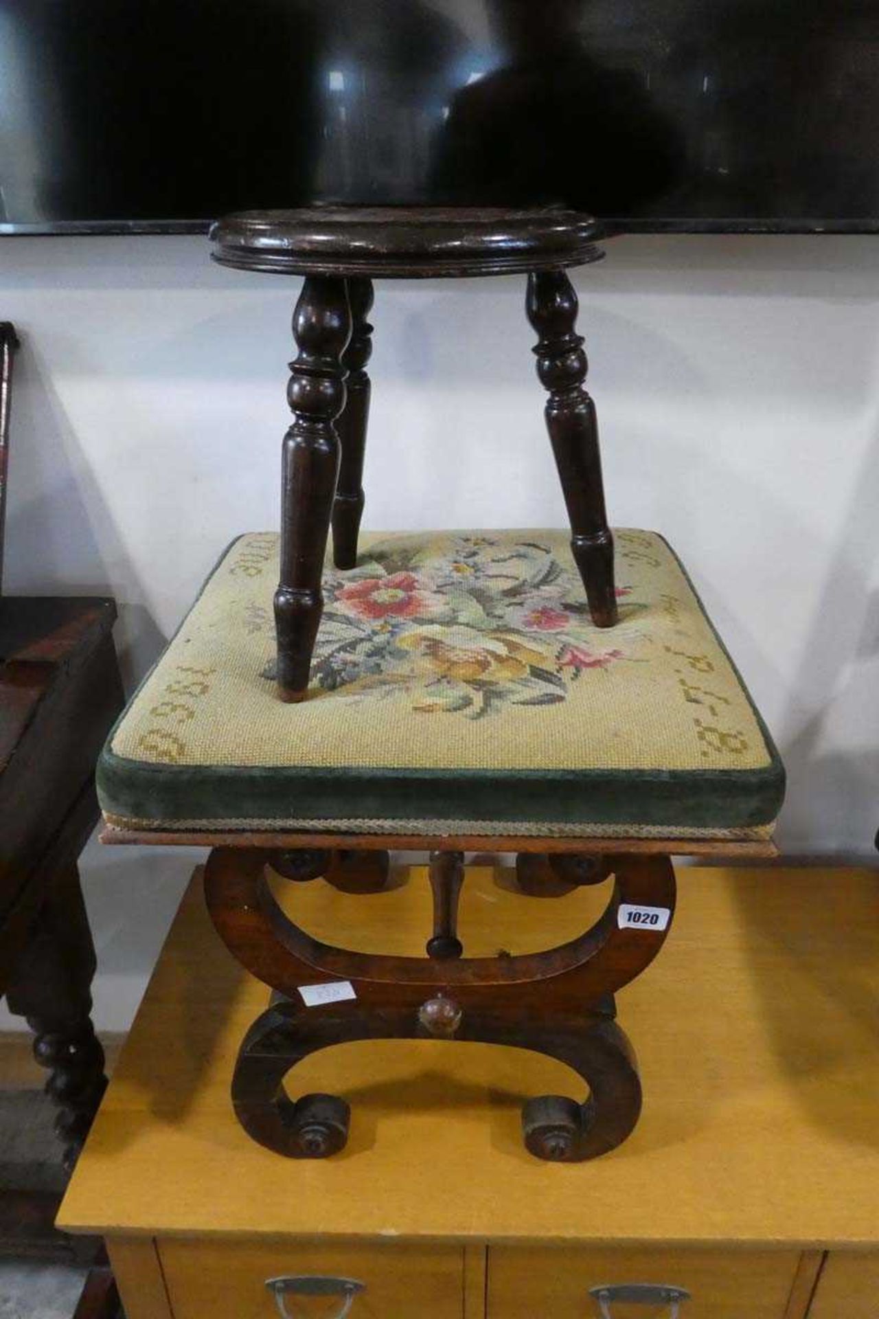 A tapestry upholstered mahogany footstool and an inlaid small circular stool - Image 2 of 2