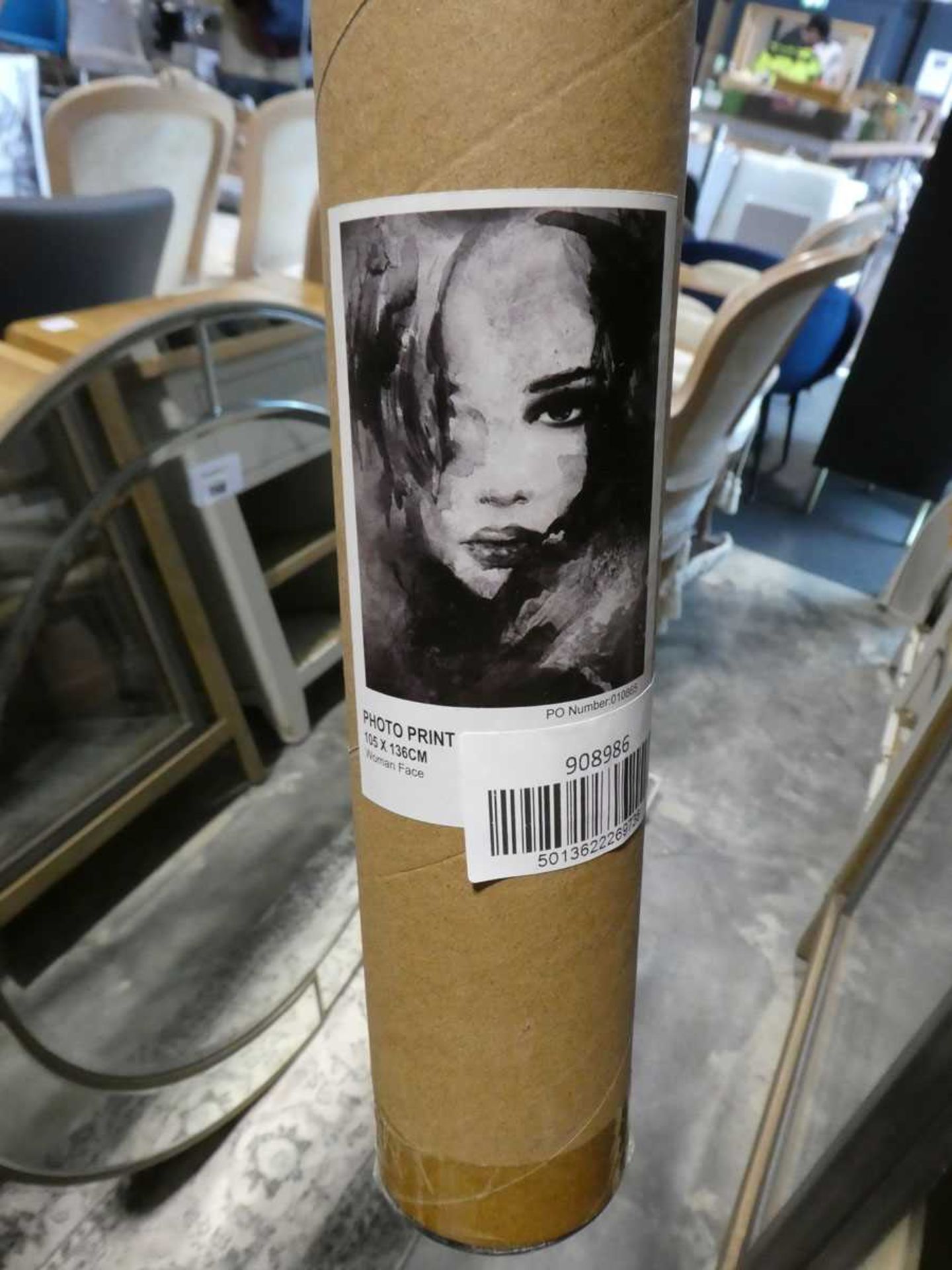 +VAT Hanging photo banner print of woman's face in cardboard postal tube (105x136cm)